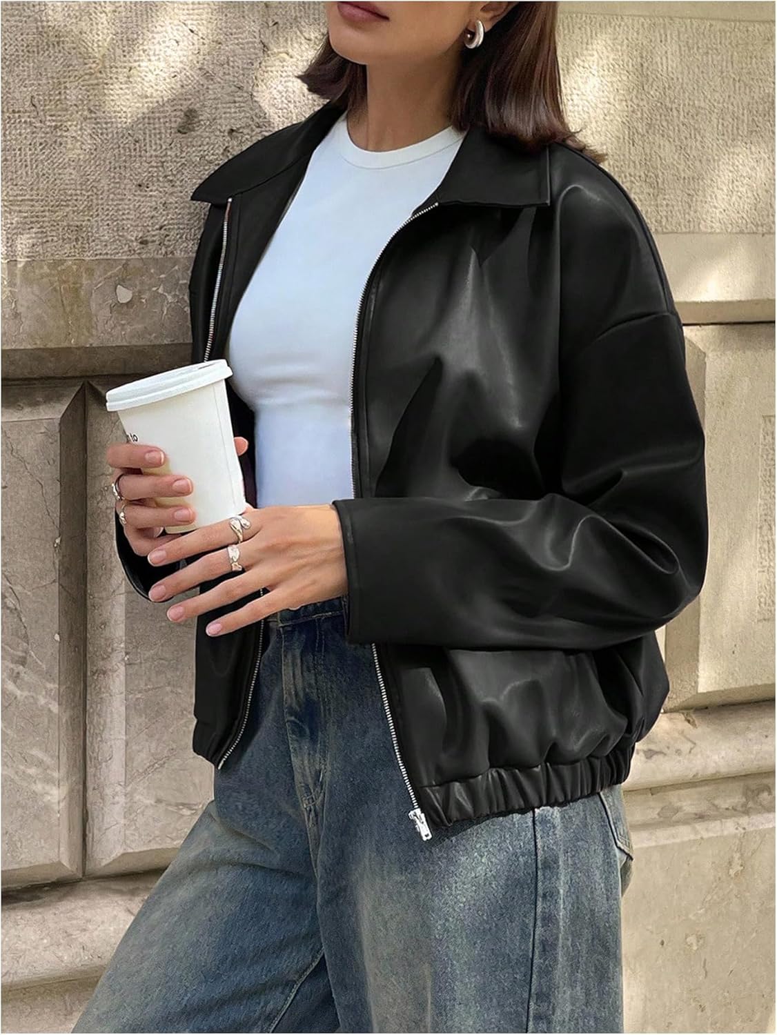 OYOANGLE Women's PU Leather Long Sleeve Jacket Zip Up Blazer Drop Shoulder Windbreaker Jackets - Image 2