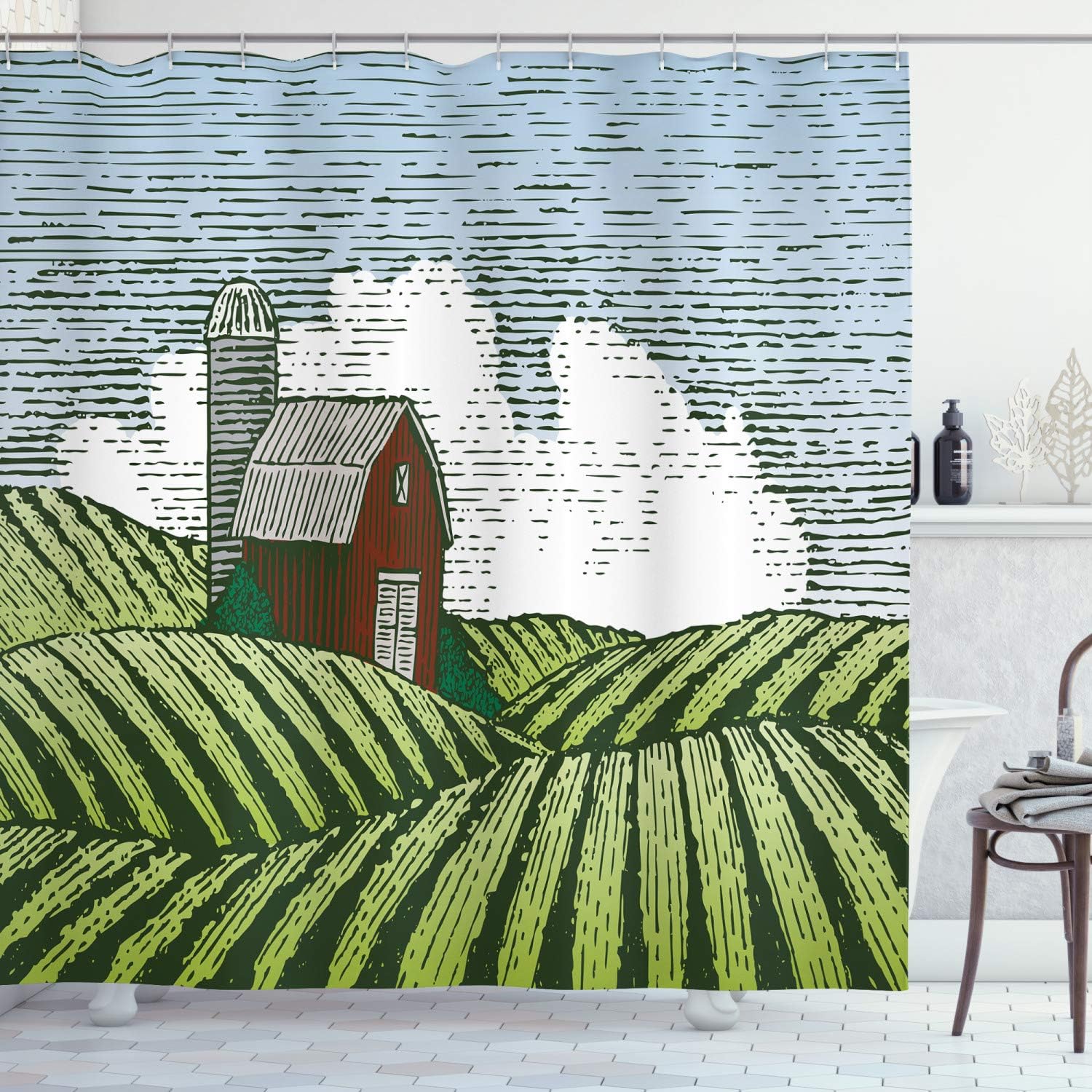 Ambesonne Country Shower Curtain, Woodcut Style Illustration of Rural Wooden Shack Scene Drawing Country Life, Cloth Fabric Bathroom Decor Set with Hooks, 69" W x 70" L, Green White Brown