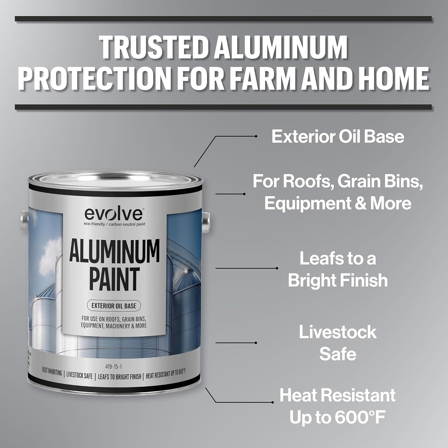 EVOLVE Aluminum Paint, 1 Gallon – Oil-Based Rust Protection for Roofs, Grain Bins & Equipment