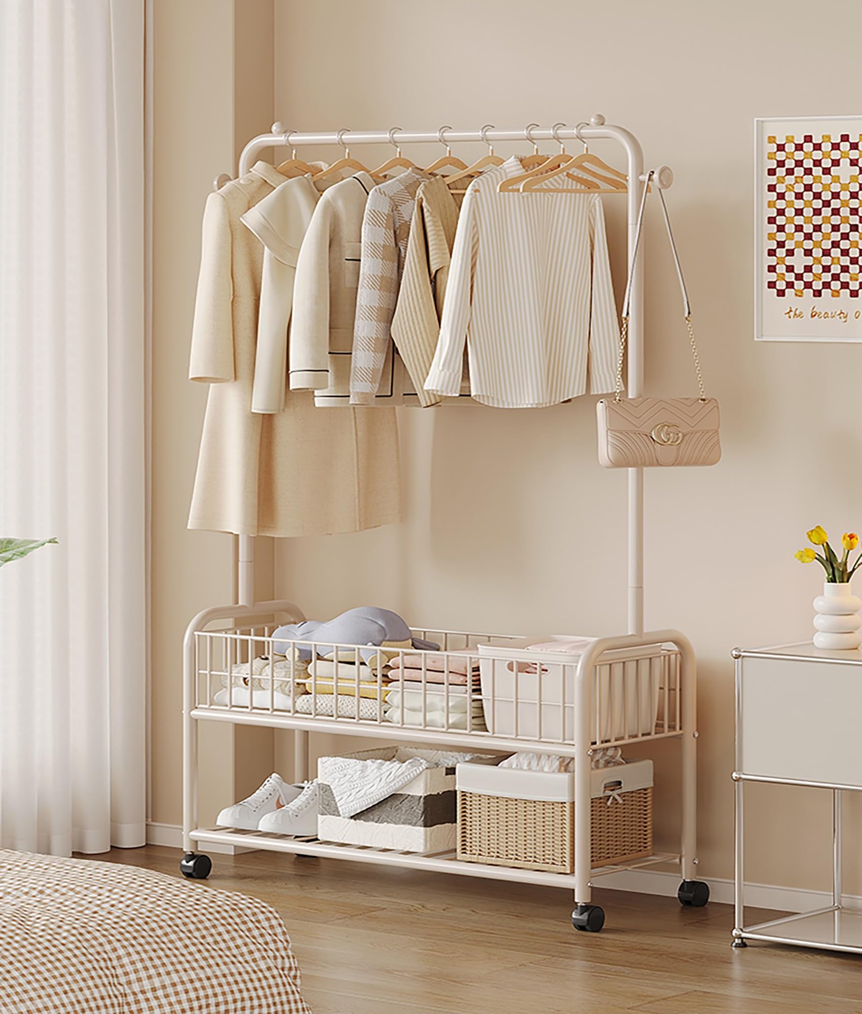 Aycdl Cream White Bamboo Rolling Clothes Rack With Storage Shelves Free Standing Garment Rack For Entryway Hall Mudroom & Bedroom 80X39x165cm,-90X30x165cm