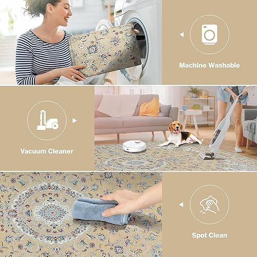Miniatura 4 de Alfombra lavable para sala de estar alfombra grande de 9 x 12 pulgadas, lavable a máquina, alfombra floral de lujo, suave, antideslizante, alfombras