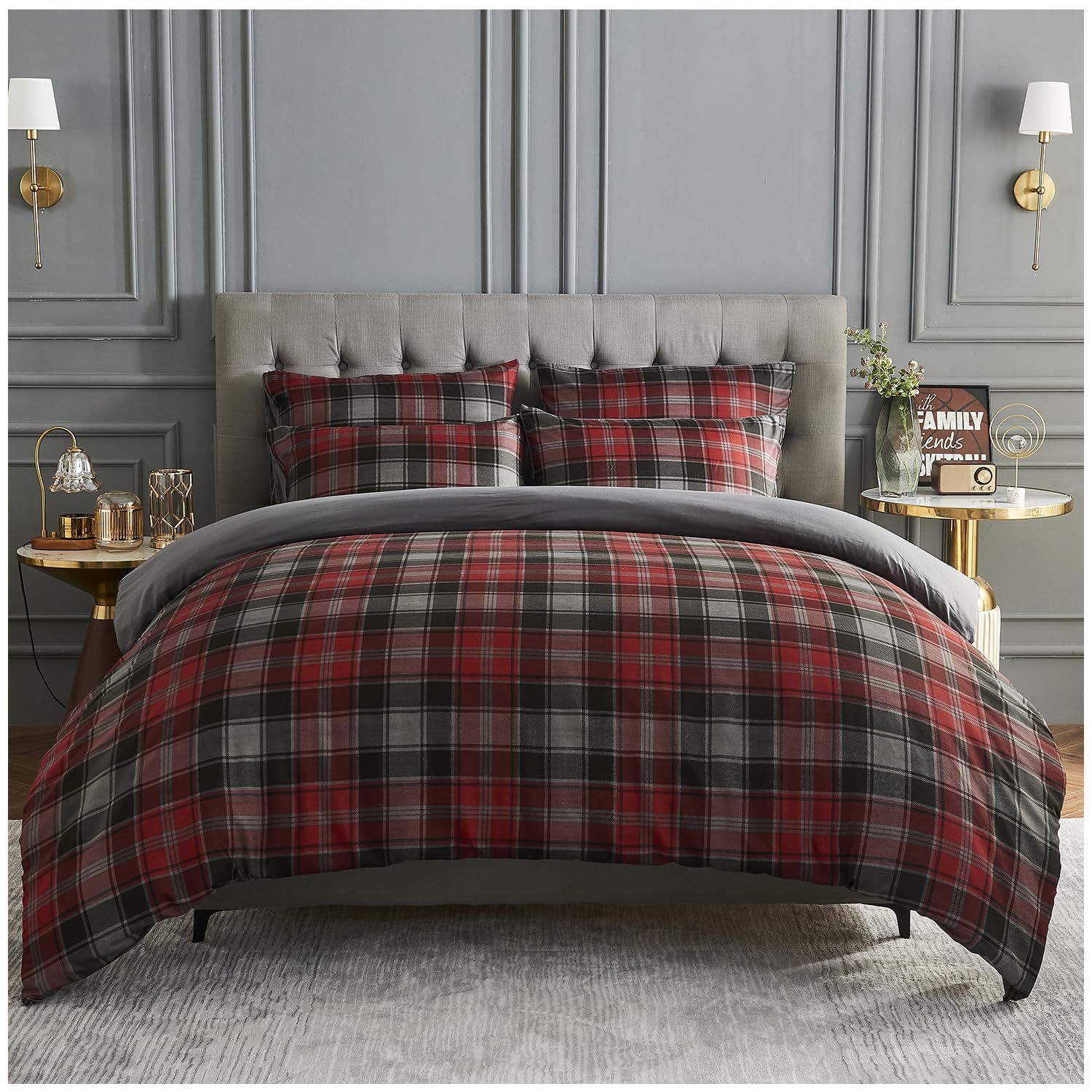 GC GAVENO CAVAILIA Checked Double Duvet Set - Microfiber Geometric Bedding Set (200x200 Cm) - Hypoallergenic Duvet Cover with Pillowcase - Soft Quilt Cover Double - Charcoal