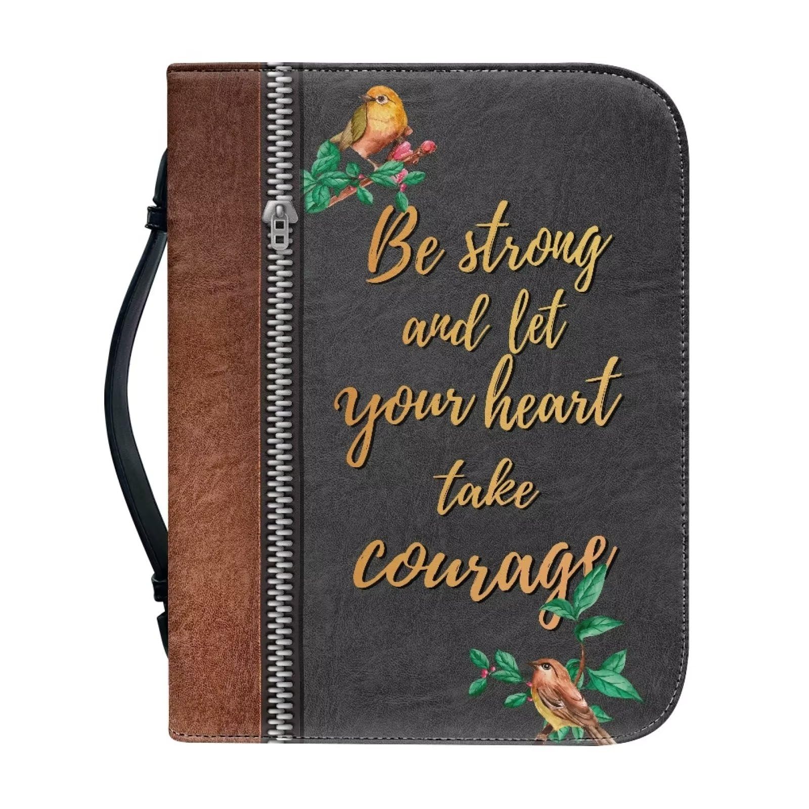 Talayituse Bird Flower Print Faux Leather Bible Cover for Men Women Be Strong and Let Your Heart Take Courage Christian Bible Case with Handle Carrying Book Case Protector Bible Tote Handbag, XL โ image 1