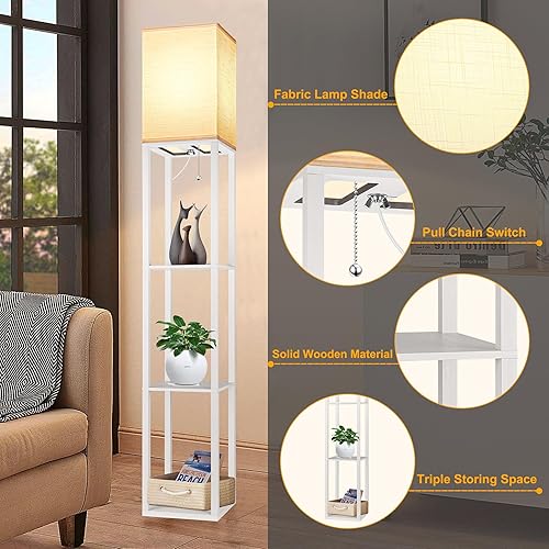 Miniatura 6 de Lámpara de pie con estantes para sala de estar, color blanco, lámpara de pie con bombilla LED de 3 CCT, lámpara de columna de pie, organizador