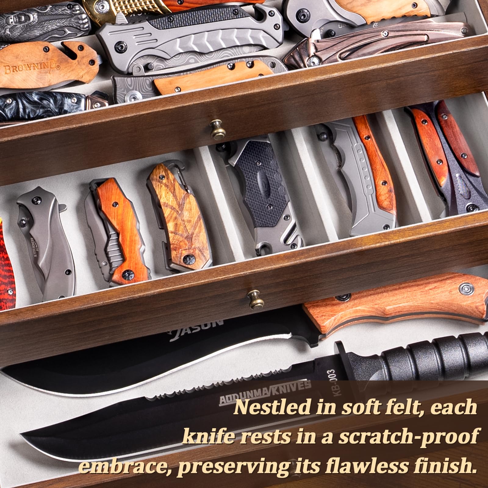 5 Étages Présentoir à Couteaux, Grande Vitrine à Couteaux pour Plusieurs Couteauxs Pliants, Vertical Coffret Poignard avec Tiroir, Support à Couteauxs en Bois pour Collections, Cadeau (Noyer)