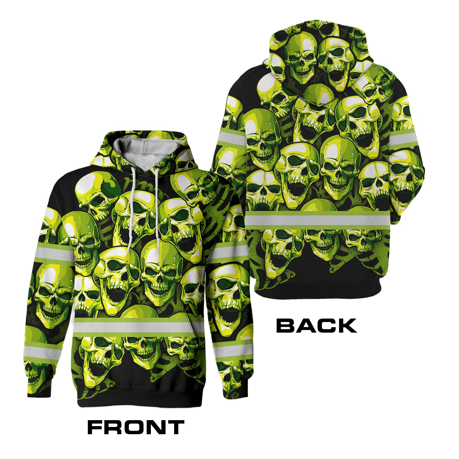 Matedecor Safety Hoodie Full Green Skull 2 Customize Name High Visibility Hoodie for Men Reflective Hoodie Hi Vis Hoodie Workwear for Runners, Walkers, Trucker, Operator, Patriotic-XL