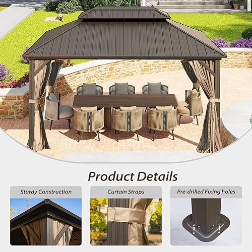 Miniatura 5 de Domi - Cenador de metal con techo rígido de 12 x 12 pies, kiosco de aluminio para exteriores con doble techo de acero galvanizado, cortina y red,