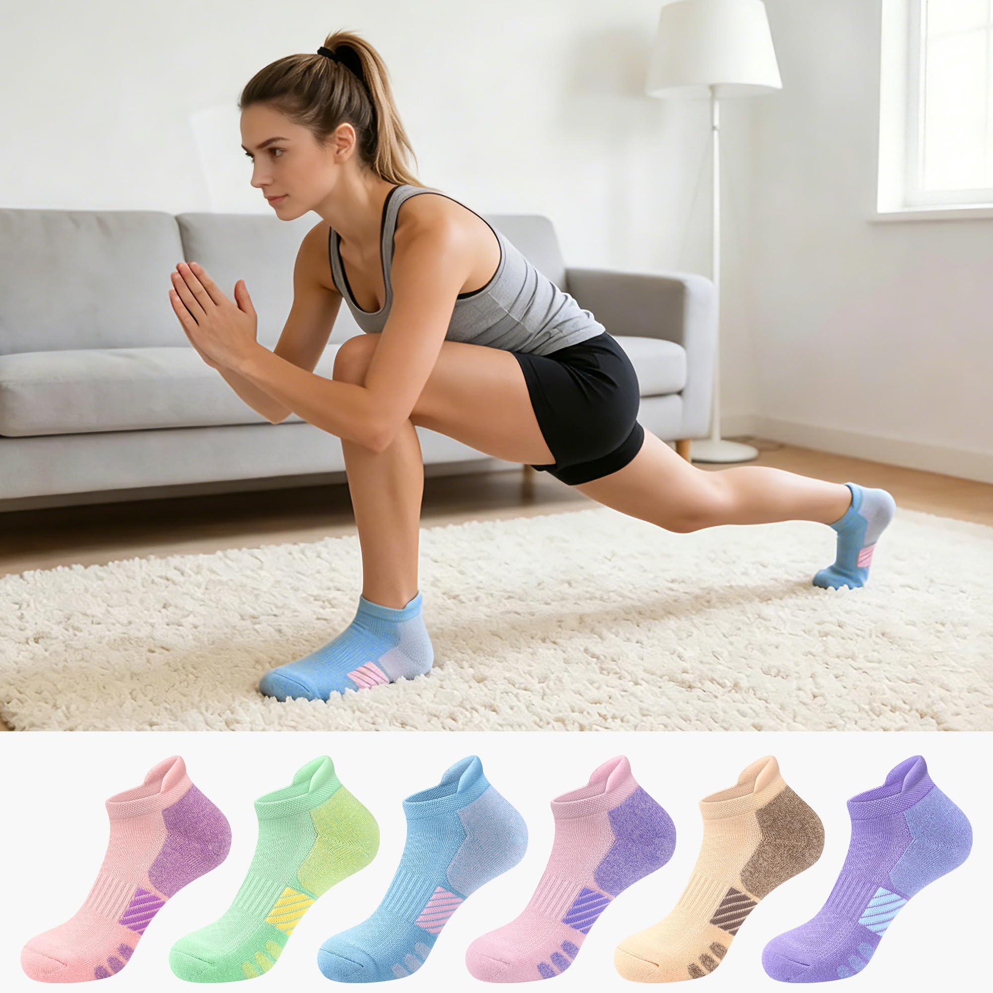 Calcetines tobilleros deportivos acolchados para mujer, 6 pares