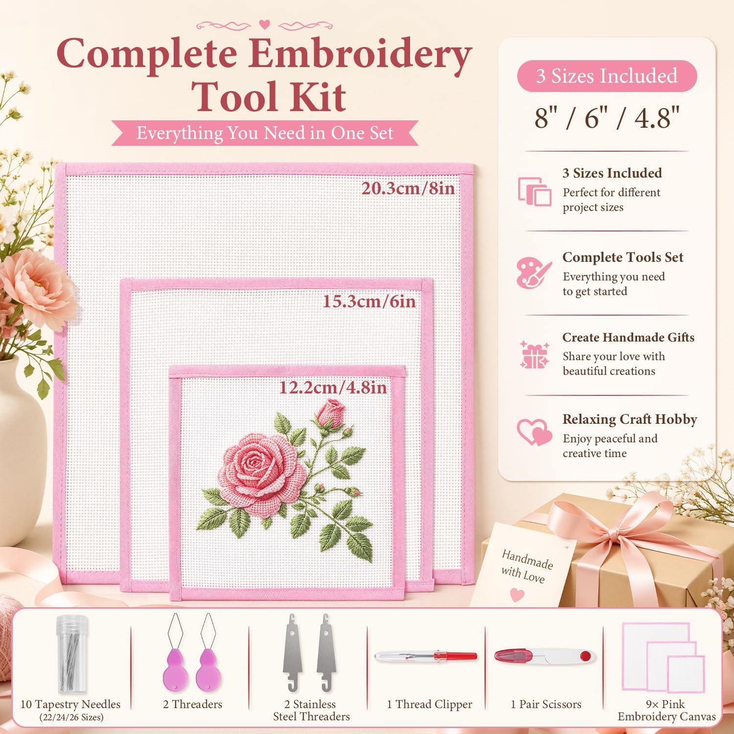 18 Mesh Needlepoint Canvas, 9PCS Pink Needlepoint Kit with Embroidery Tools