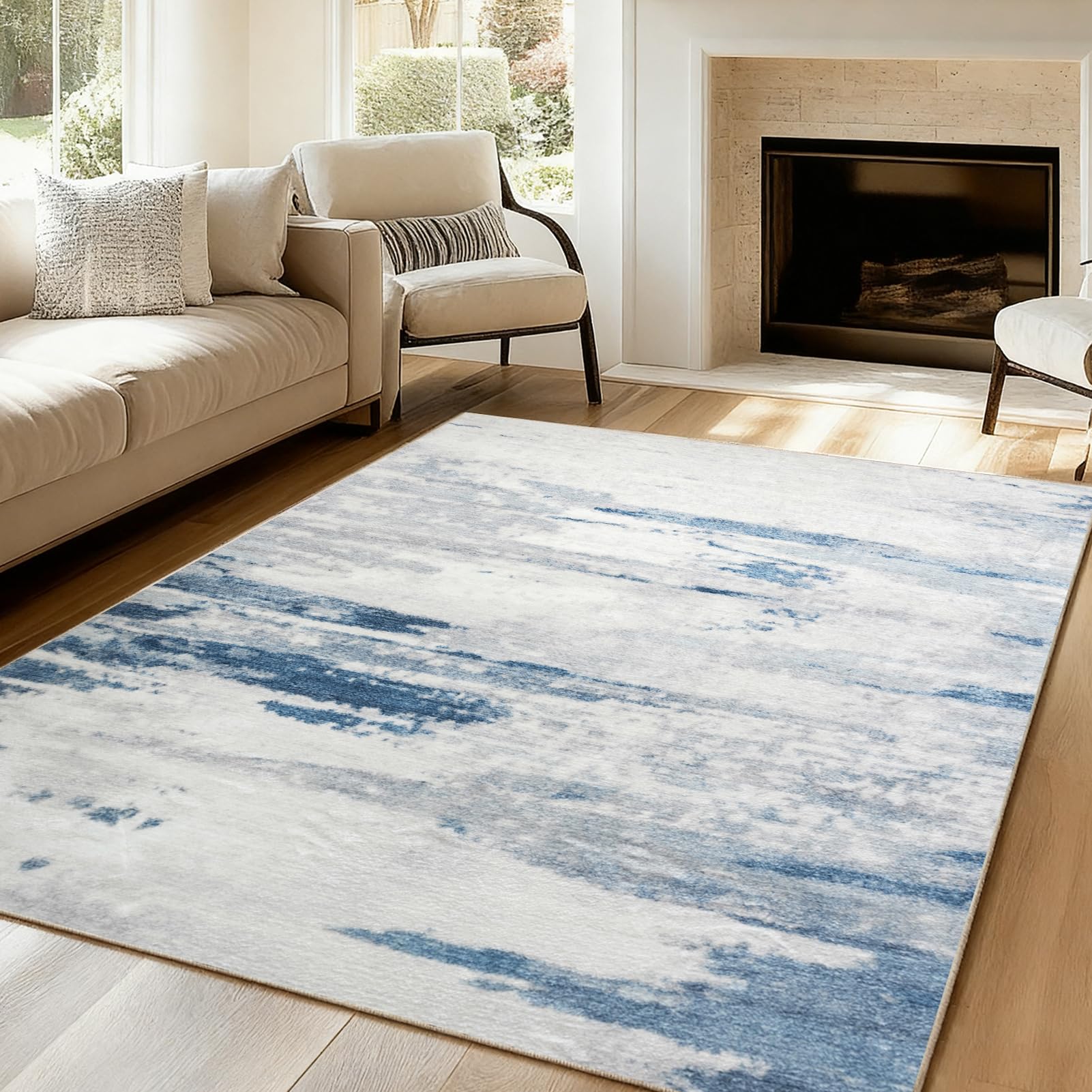 VK·LIVING Upgraded 14.5mm Thick Sponge Extra Large Abstract Rug Non-Slip Medium Pile Modern Area Rugs for Living Room Bedroom Office Blue & Grey 200x300CM