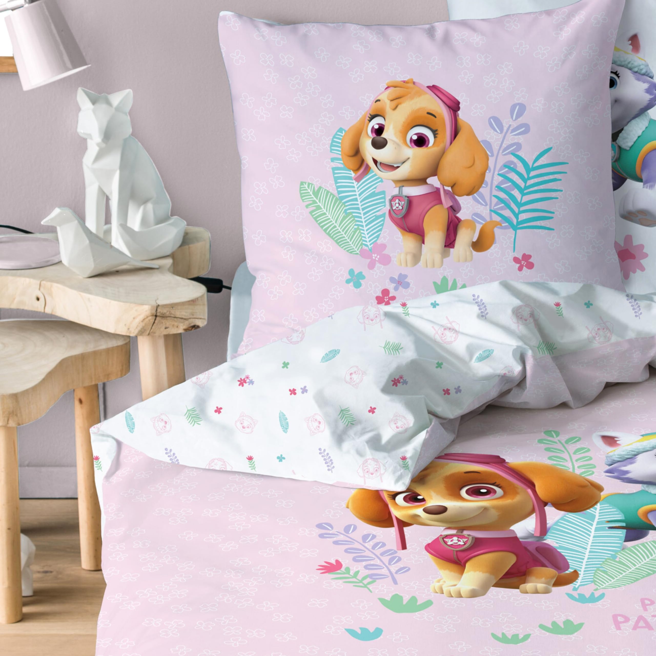 Bettwäsche 135x200 Flanell, Biber Paw Patrol Skye & Everest kuschelig weich für Herbst & Winter, 1x Kissenbezug 80x80 + Bettbezug 135x200, 100% Baumwolle, Mädchenbettwäsche