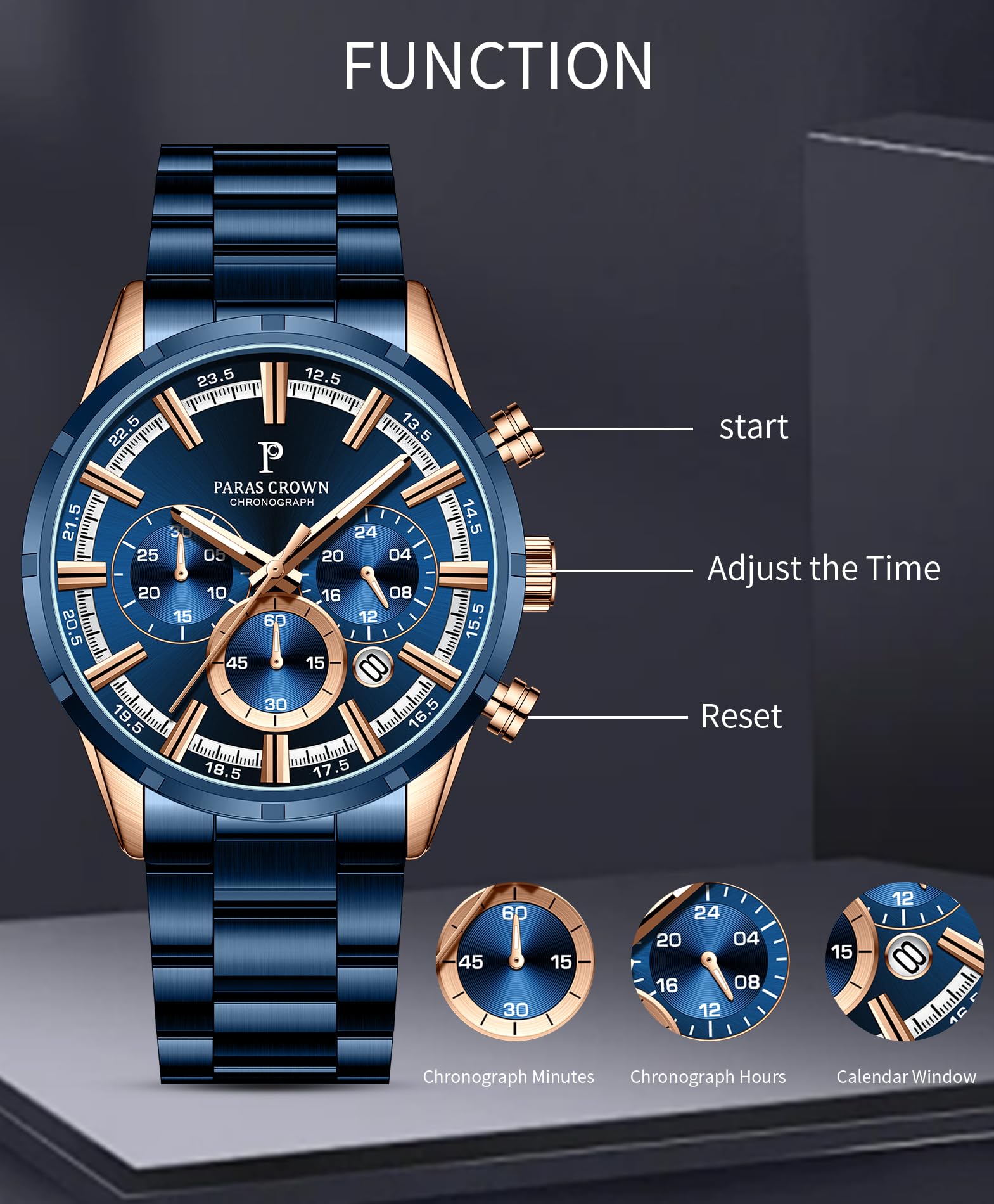 PC PARAS CROWN Orologio Uomo con Movimento al Quarzo Giapponese Cronografo Resistente all'Acqua 5 ATM Cassa in Acciaio Classico Elegante Orologio Cinturino in Silicone