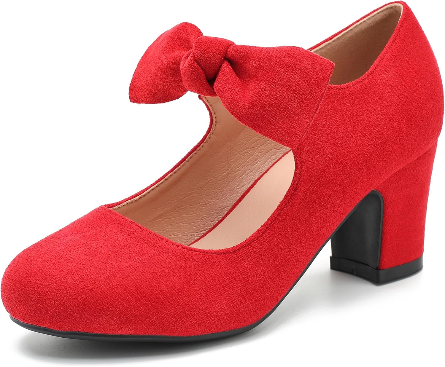 Women's Bow Mary Jane Low Block Chunky Heels Pumps Round Toe Low Heels Ankle Strap Wedding Dress Evening Party Shoes