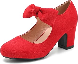 Women's Bow Mary Jane Low Block Chunky Heels Pumps Round Toe Low Heels Ankle Strap Wedding Dress Evening Party Shoes