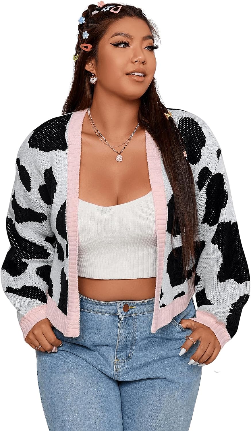 MakeMeChic Women's Plus Size Graphic Print Button Front V Neck Cardigan  Sweater Black and White 0XL at Amazon Women's Clothing store