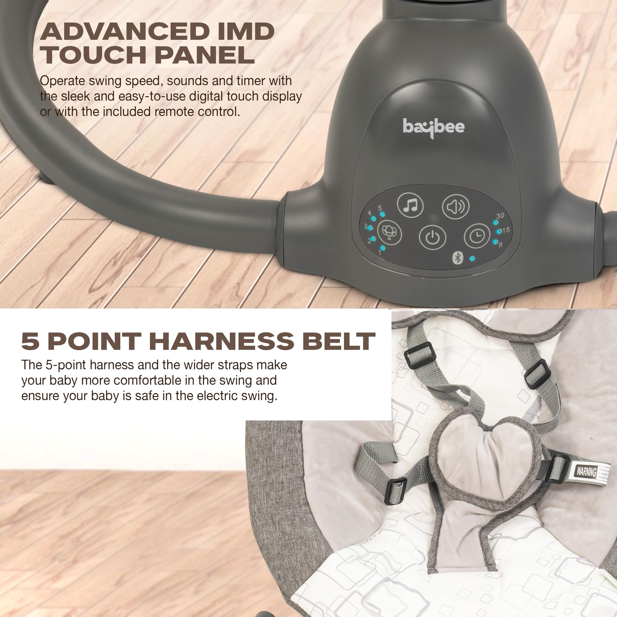 BAYBEE Electric Swing for Baby with Adjustable 5 Swings Speed & Safety Belt | Electric Baby Swing Cradle with Bluetooth, Music & Touch Panel | Automatic Cradle for New Born with Rocker Mode (Grey) 2