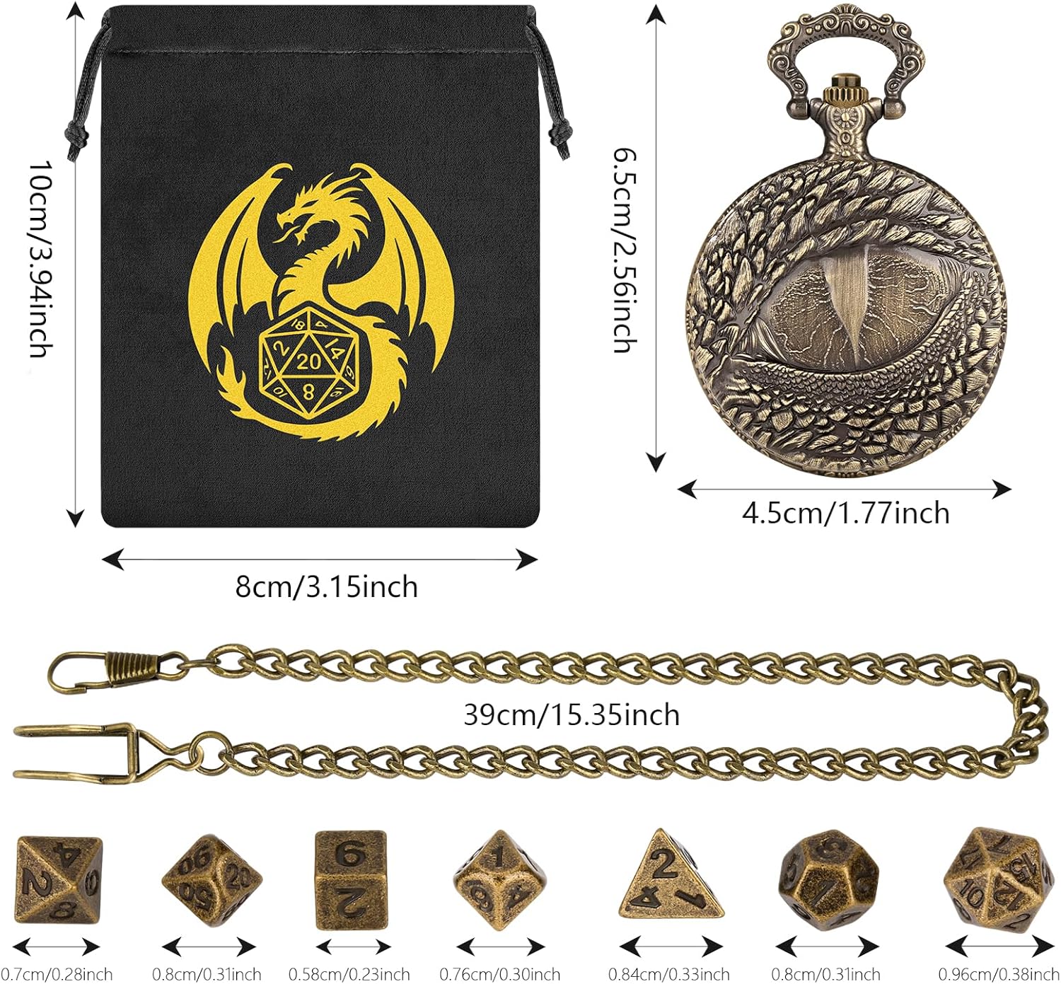 Mini DND Dice Set with Retro Dragon's eyes Pocket Watch Shell Case, DND Starter Set, 7pcs Polyhedral Mini Metal Dice Set, D&D Gifts with Gift Bag, Role Playing Board Game Accessories, Bronze