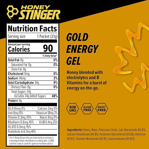 Miniatura 2 de Honey Stinger Gold Energy Gel, sin gluten y sin cafeína, para ejercicio, correr y rendimiento, nutrición deportiva para el hogar y el gimnasio,