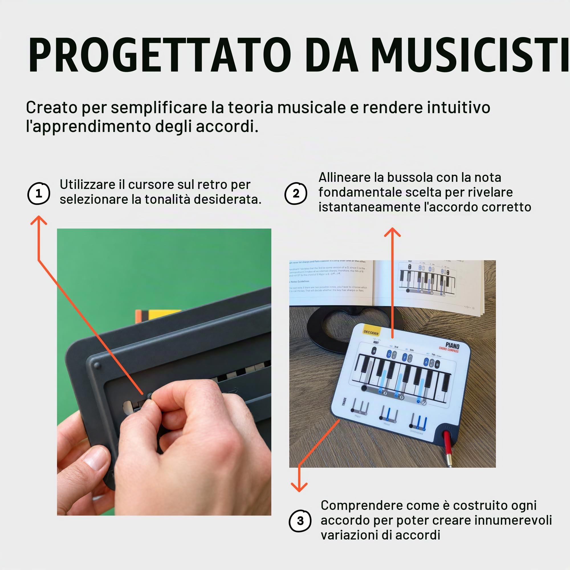 Strumento per l'apprendimento degli accordi di pianoforte, bussola e libro, strumento di apprendimento musicale, comprendere gli accordi sul pianoforte, costruire accordi dalla struttura degli accordi