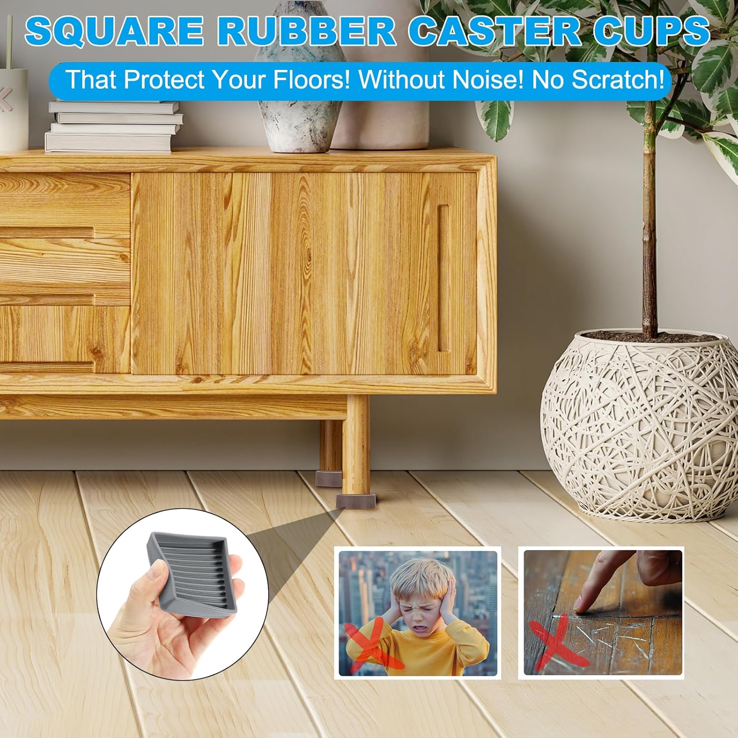 4 Pack 2x2 Square Rubber Furniture Pads - Non-Slip Caster Cups for Bed, Couch, Chair, Table - Anti-Skid Floor Protectors in Black to Prevent Scratches