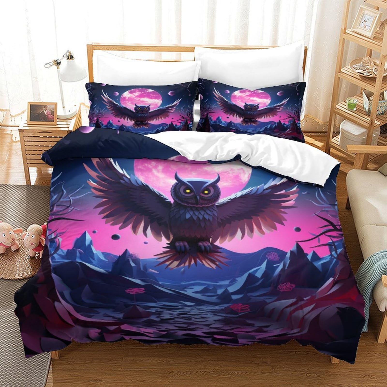 Housse de couette motif chouette parure de lit simple 3 pièces taies d'oreiller
