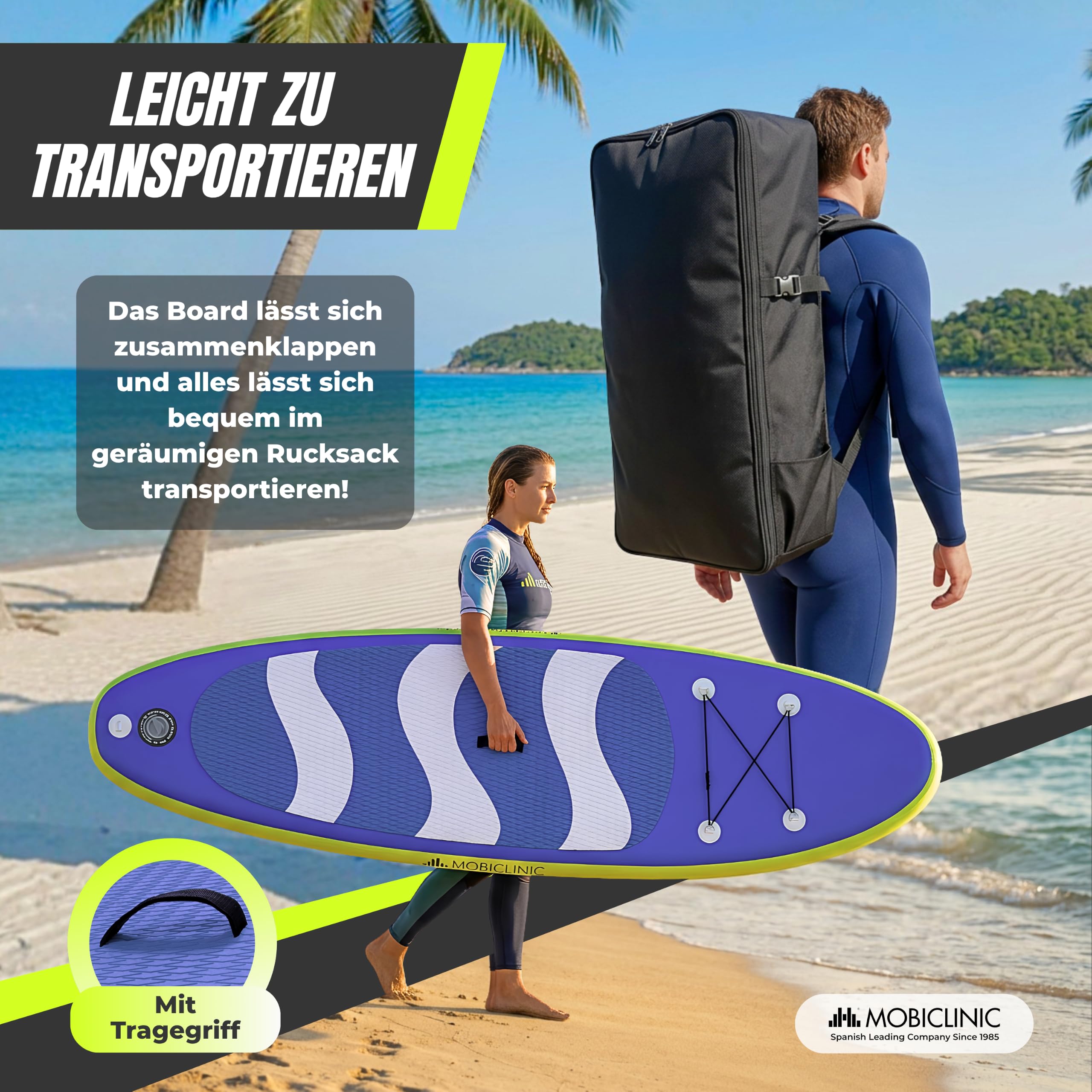 Mobiclinic®, Stand Up Paddling Board, Inklusive Pumpe, Flossen, Rucksack, Paddel, Handyhülle und Reparaturset, 315x78x15 cm, Faltbar, bis 150 kg, Für Kinder, Erwachsene und Haustiere