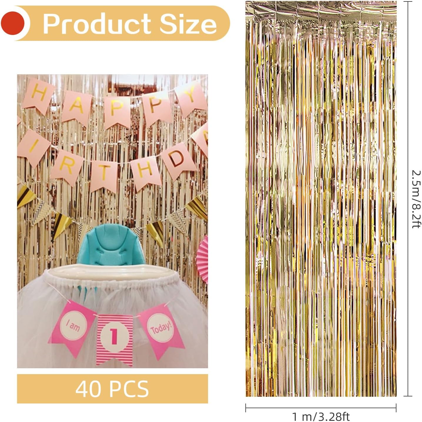 40 Pack Champagne Gold Foil Curtain Backdrop Metallic Tinsel Foil Fringe Curtains Photo Booth Props for Birthday Party Decoration Christmas Holiday Halloween New Year Party Supply