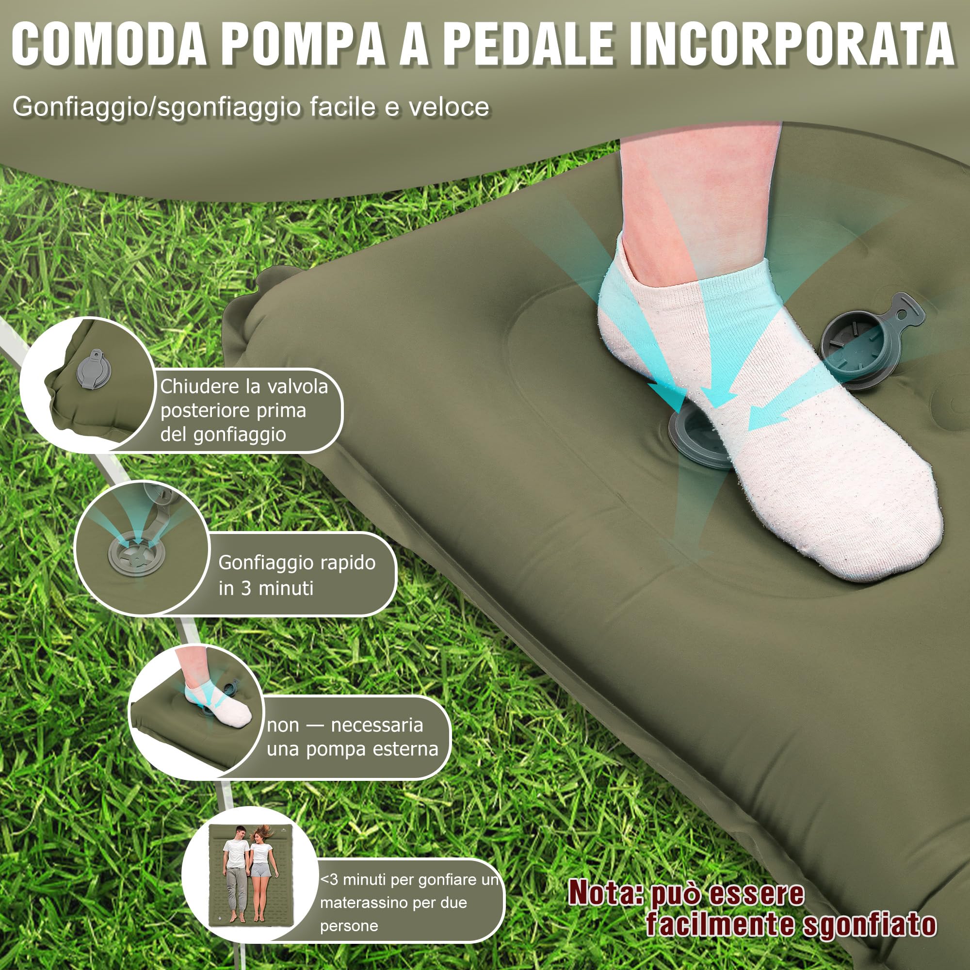 IEEILULU Materassino Campeggio, 196 * 140cm Materasso Gonfiabile Matrimoniale con Cuscino, Materassino Ultraleggero Autogonfiabile per 2 Persone Campeggio Backpacking Viaggio Spiaggia (Verde scuro)