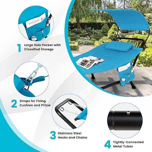 Miniatura 6 de Tangkula Hamaca con soporte incluido, hamaca resistente para exteriores con toldo ajustable, soporte de metal a prueba de óxido, almohada, bolsillo