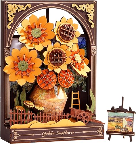 Rompecabezas de madera 3D para adultos  Van Gogh Golden Sunflower DIY Kit de construcción de modelos con luz LED  Decoración del hogar, arte de