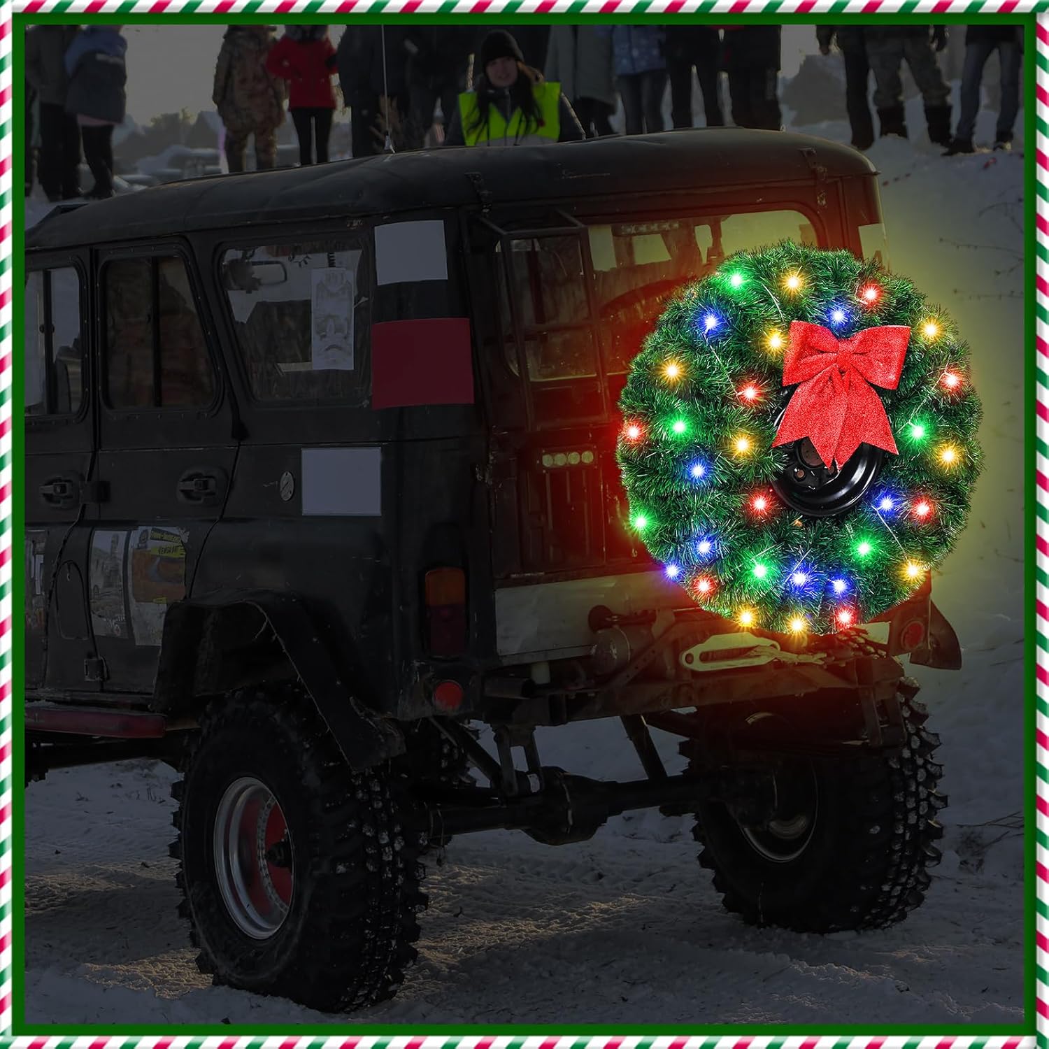 Christmas Car Wreath Spare Tire Decoration LED Spare Tire Cover DIY Kit Include 150ft Tinsel Green Garland Large Red Bow 80 LED String Lights for Truck SUV Holiday Outdoor Decor(Luxury Set)