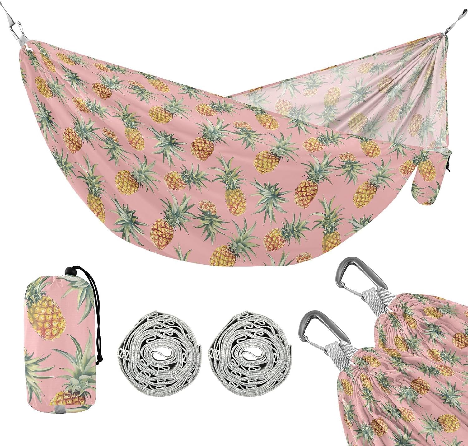 ALAZA Pineapple Pink Camping Hammocks Single or 2 Person 500 lbs Portable Parachute Travel Hammock w/Tree Straps for Hiking Backpacking Indoor Outdoor