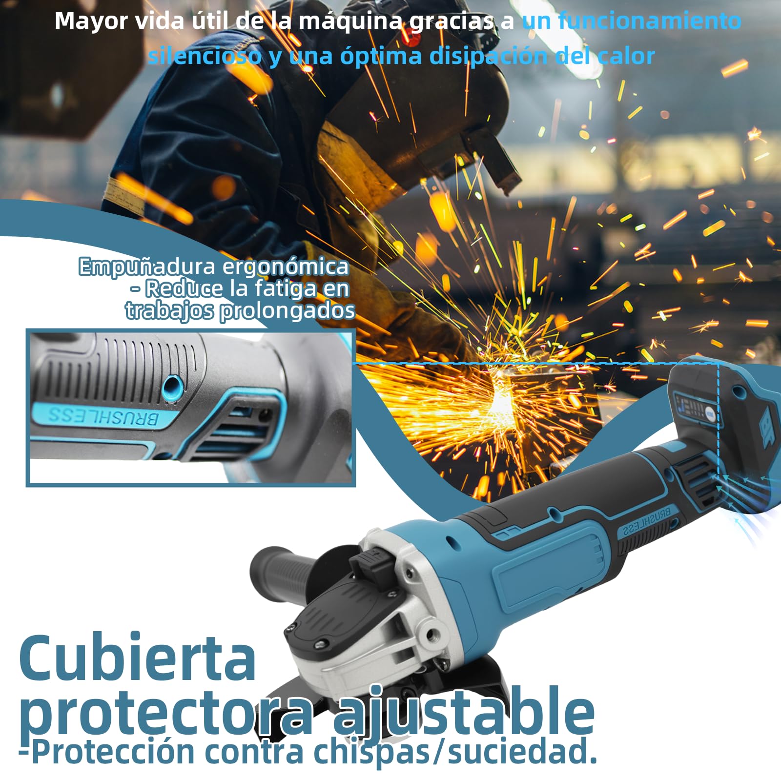 Amoladora angular con batería compatible con Makita 18 V, 8500 rpm, control de velocidad de 4 niveles, disco abrasivo de 125 mm con llave de lijadora para lijar, cortar y pulir (sin batería)
