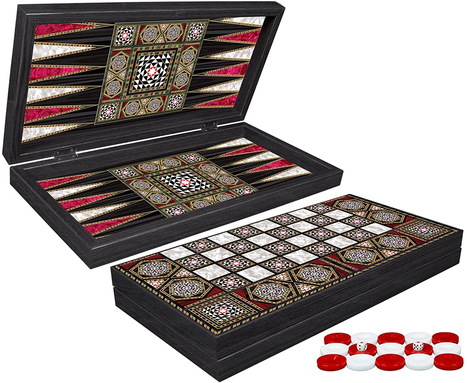 Premium Backgammon Set ,Handmade Deluxe Coating Edge With Chess Board, and Checkers Pieces(M Size ) مجموعة لعبة الطاولة اليدوية