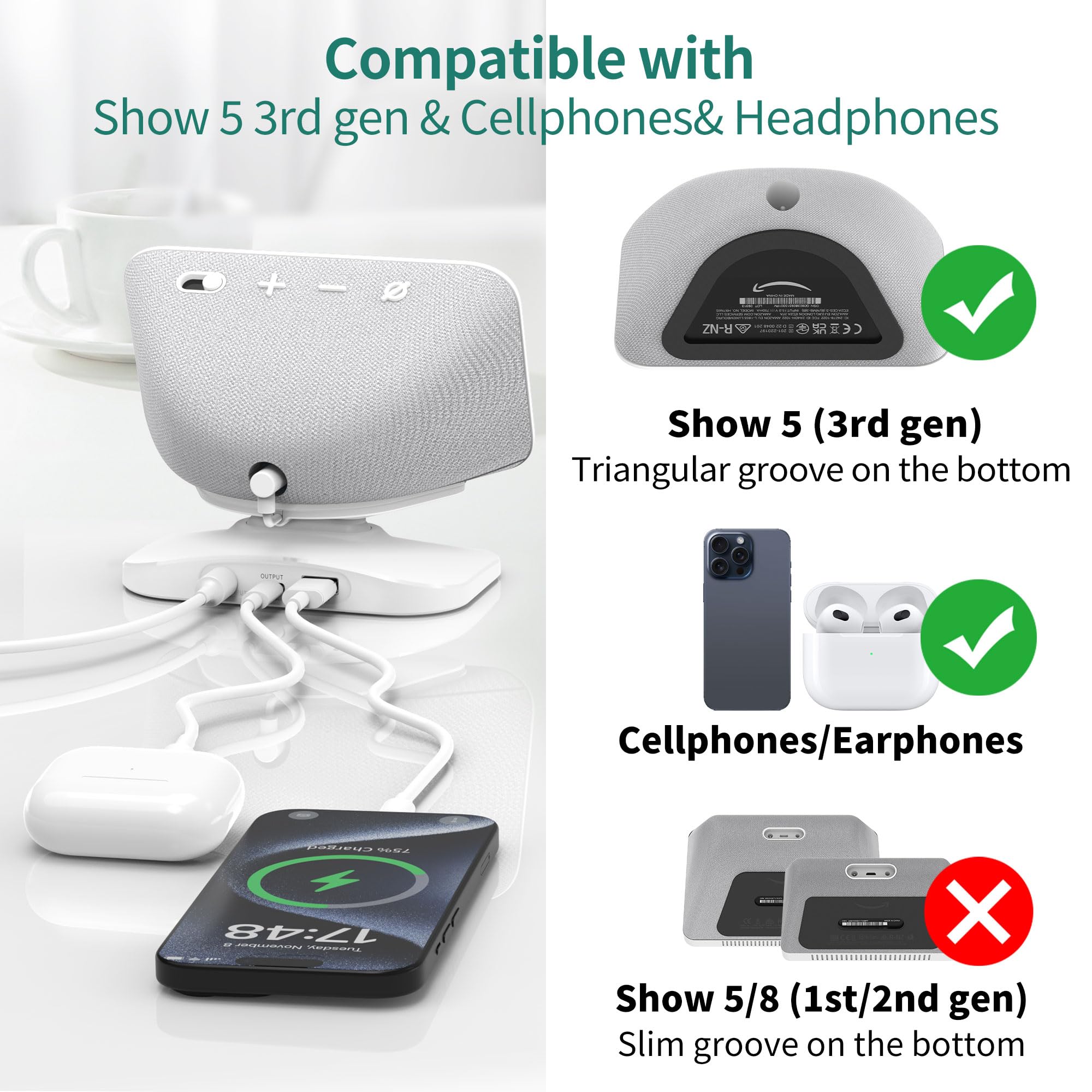 PlusAcc Ständer für Show 5 & Handy mit USB-C/A-Ladeanschluss - Verstellbare Ladeständer Halterung Ladestation Basis kompatibel mit Show 5 3.Gen/iPhone/iPad (Weiß)
