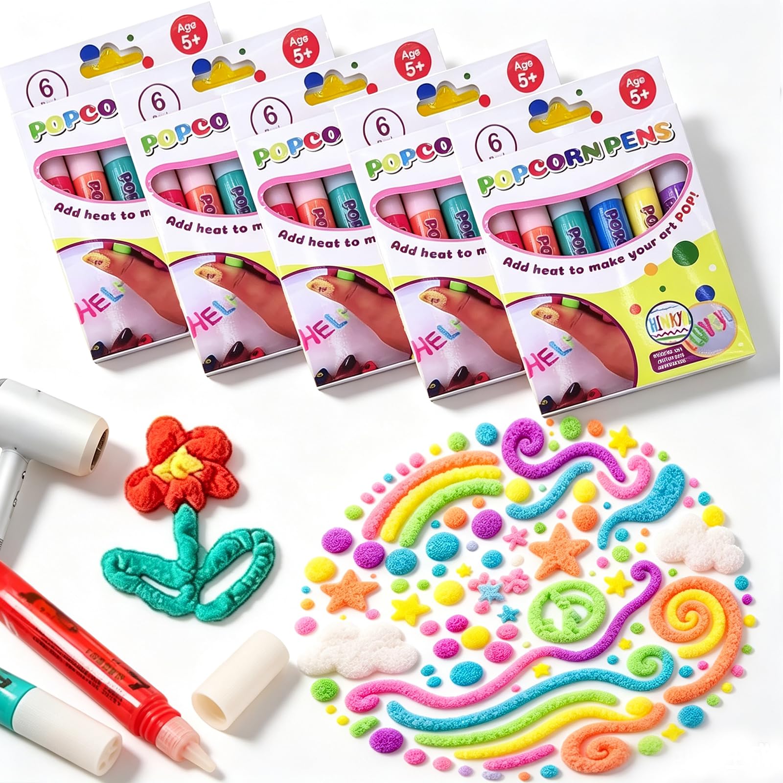 CUOSTU 5 Set 3D Bubble Popcorn Drawing Pens, DIY Puffy Velvet Popcornpens