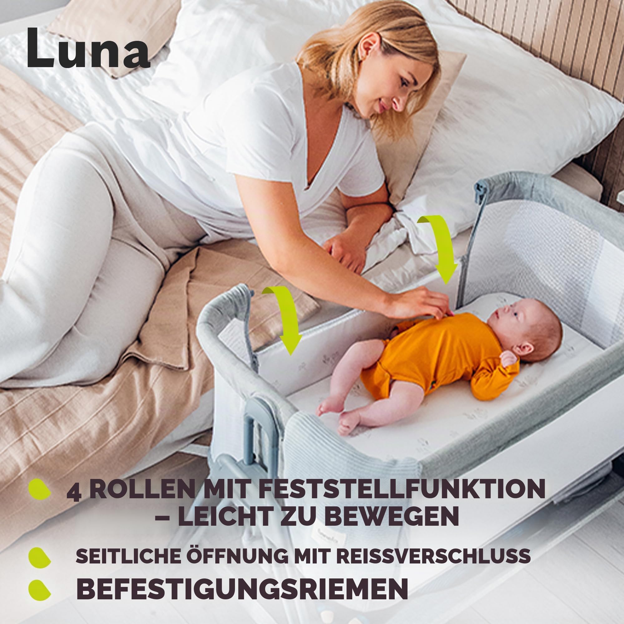 lionelo Aurora 3in1 Baby Nachttisch Co-Sleep für Babys ab Geburt bis 9 kg, verstellbare Höhe und Neigung, Matratze, 4 feststellbare Räder, atmungsaktiv, tragbar, waschbar, Tasche, Gurte (Beige leicht