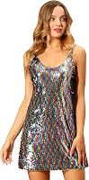 Allegra K Women's Sparkly Sequin Mini Dress - Glitter V-Neck Spaghetti Strap Party Cocktail Clubwear
