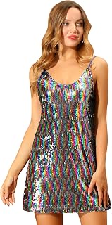 Allegra K Women's Sparkly Sequin Mini Dress - Glitter V-Neck Spaghetti Strap Party Cocktail Clubwear