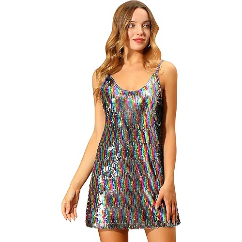 Allegra K Women's Glitter Sequin Dress Spaghetti Strap V Neck Party Cocktail Sparkly Mini Dress Clubwear