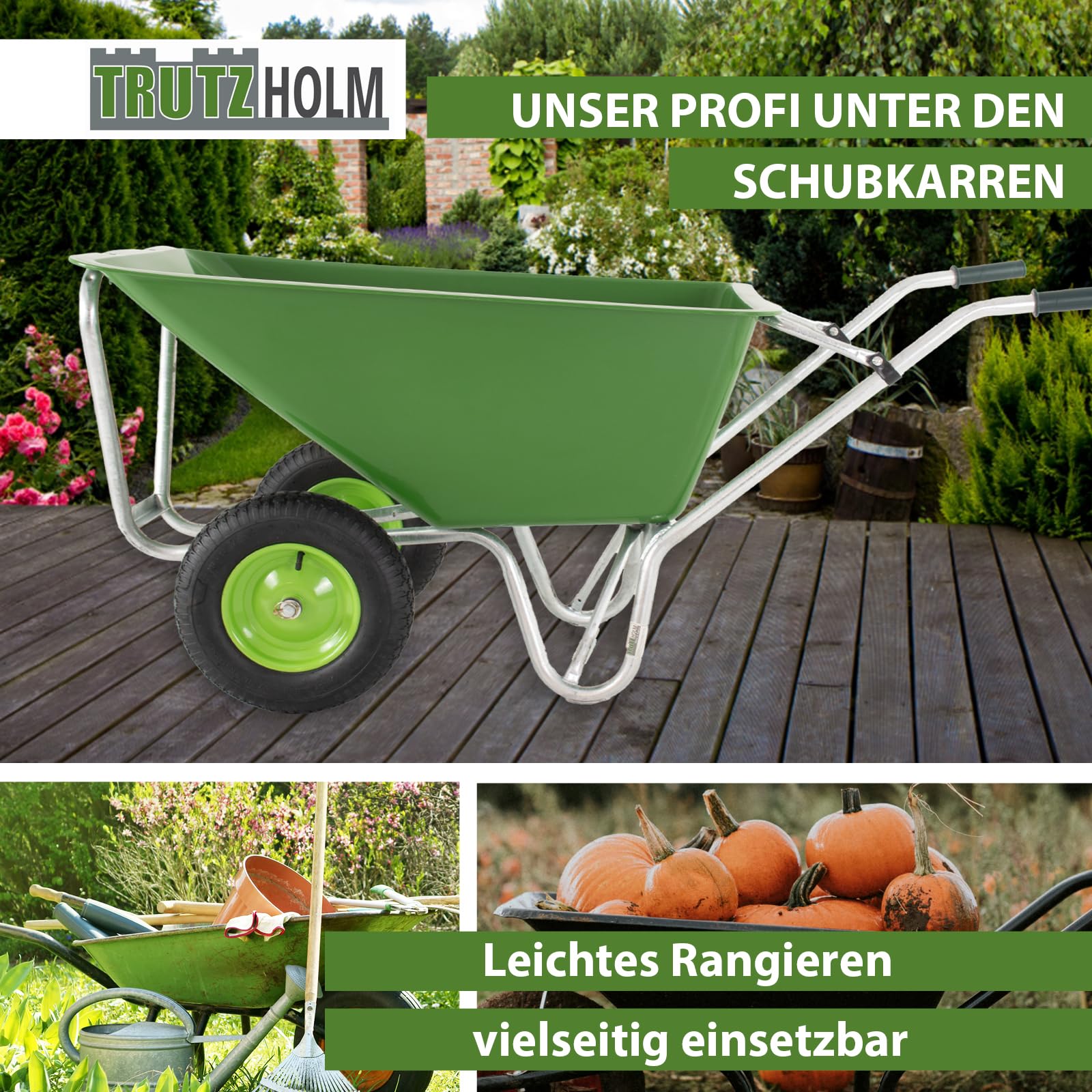 TRUTZHOLM 2-Rad Schubkarre 200 Liter 300 Kg Tragkraft Rahmen Stahl verzinkt robuste große Mulde 162x70 cm Gartenschubkarre Schiebkarre Hofkarre Futterkarre