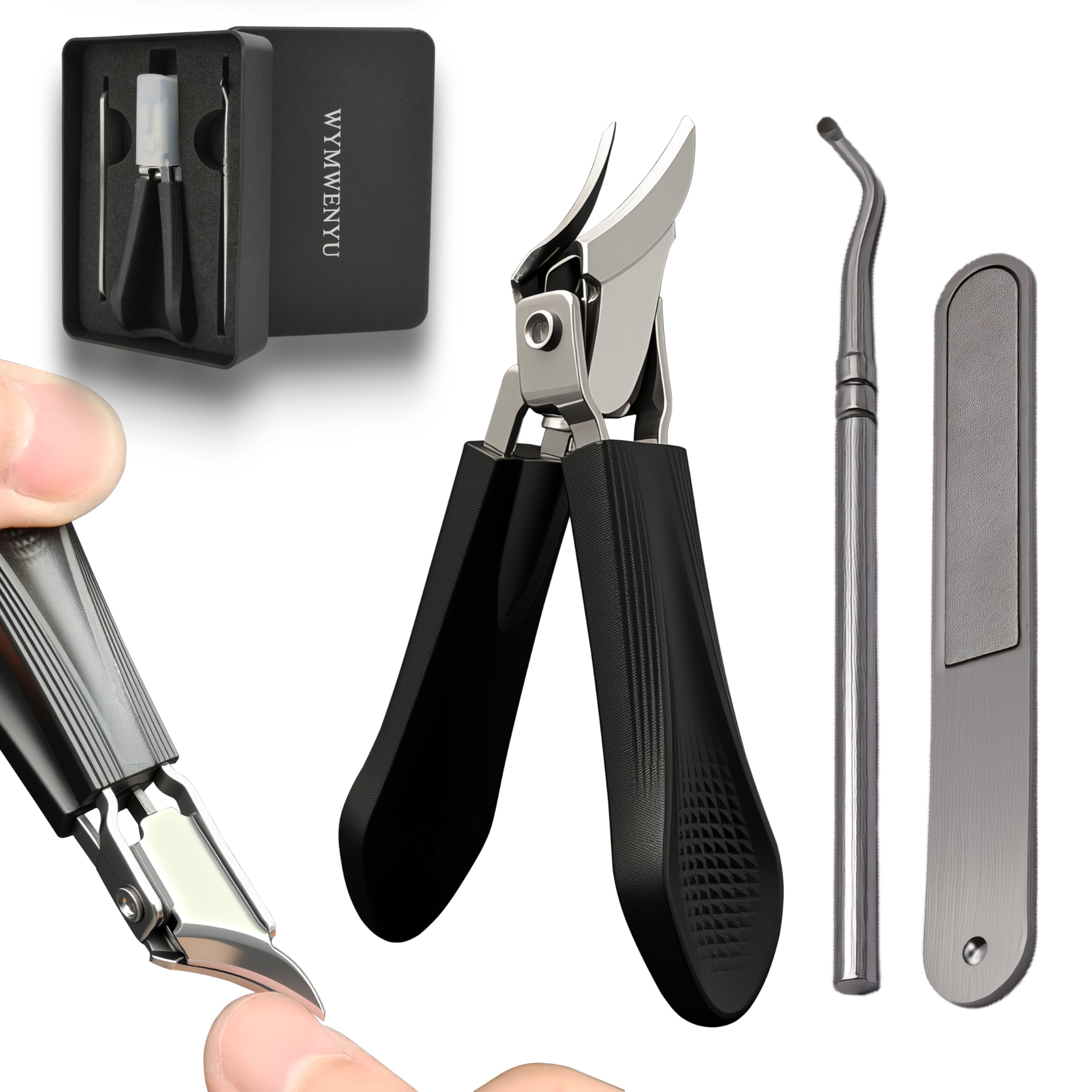 Eagle-Beak Slant Nail Clippers 3-Piece Set - Wide Mouth Anti-Splash Design, Ideal for Ingrown & Thick Nails, Suitable for Men, Women & Seniors (Black)