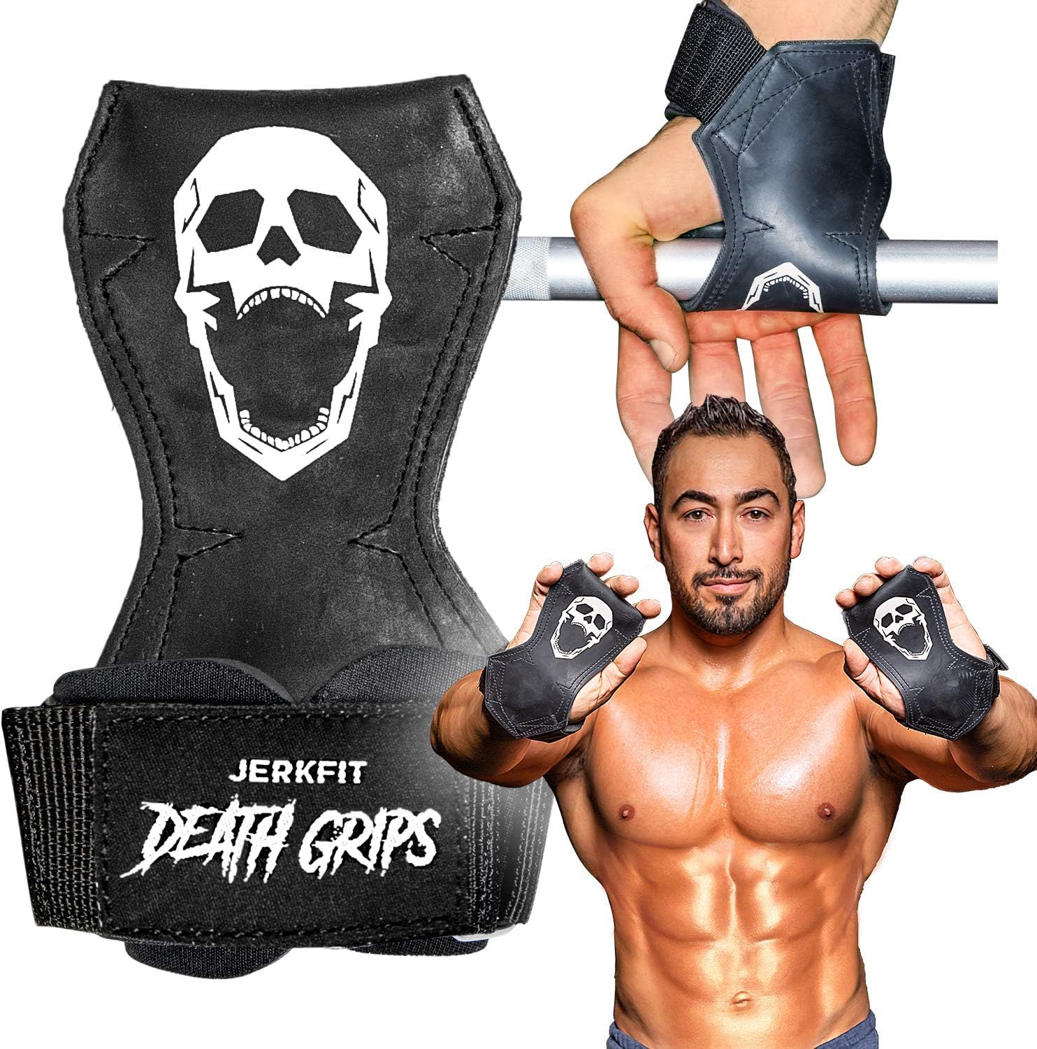 JerkFit Death Grips – Sangles de Levée Premium, Sangles en PVC Caoutchouc de Qualité Pneumatique pour Shrugs & Tractions – Sangles avec Rembourrage Néoprène pour Protection des Paumes