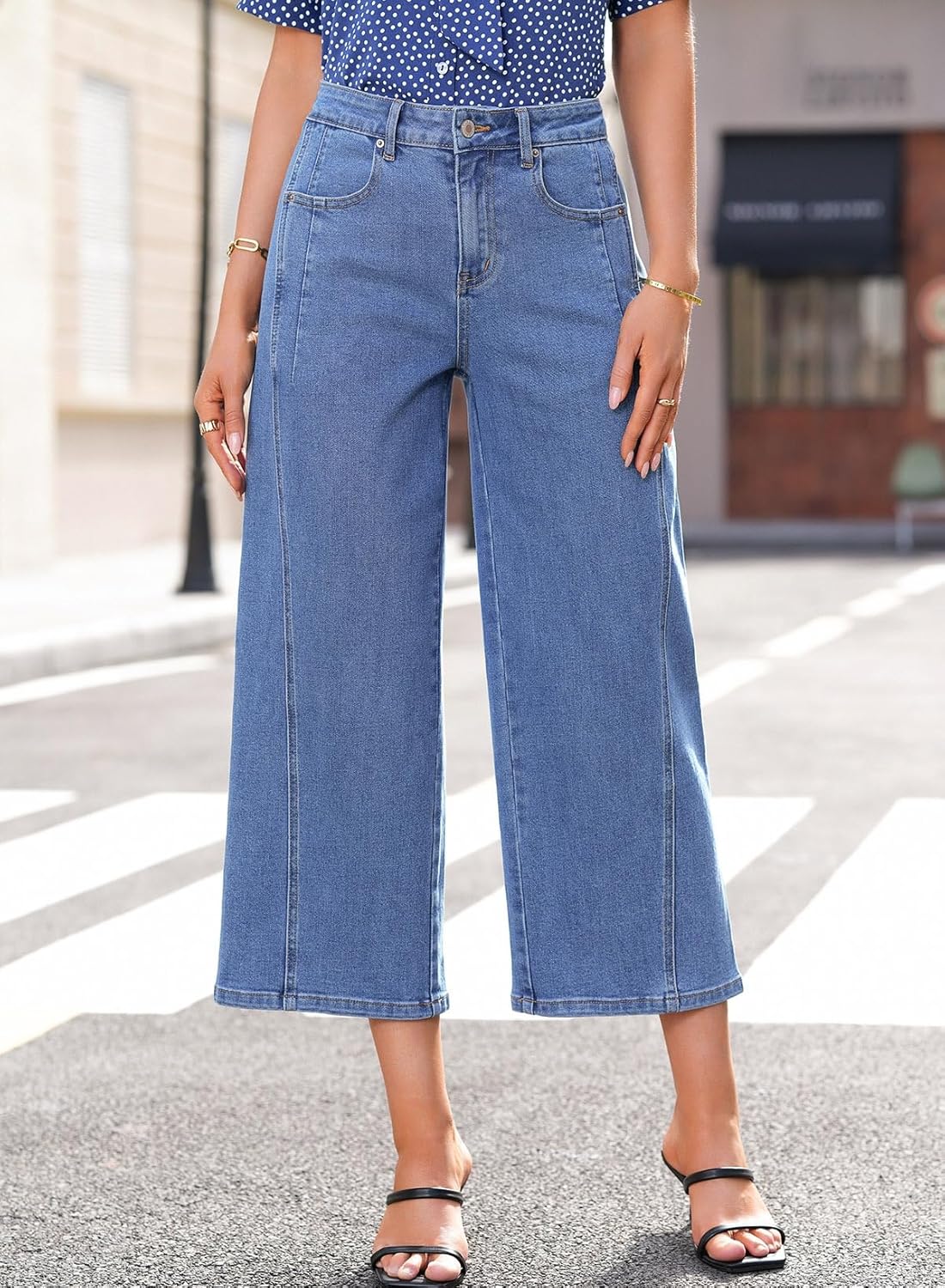 Astylish Womens High Waisted Jeans Stretchy Wide Straight Leg Loose Trendy Split Seam Cropped Denim Pants - Image 3