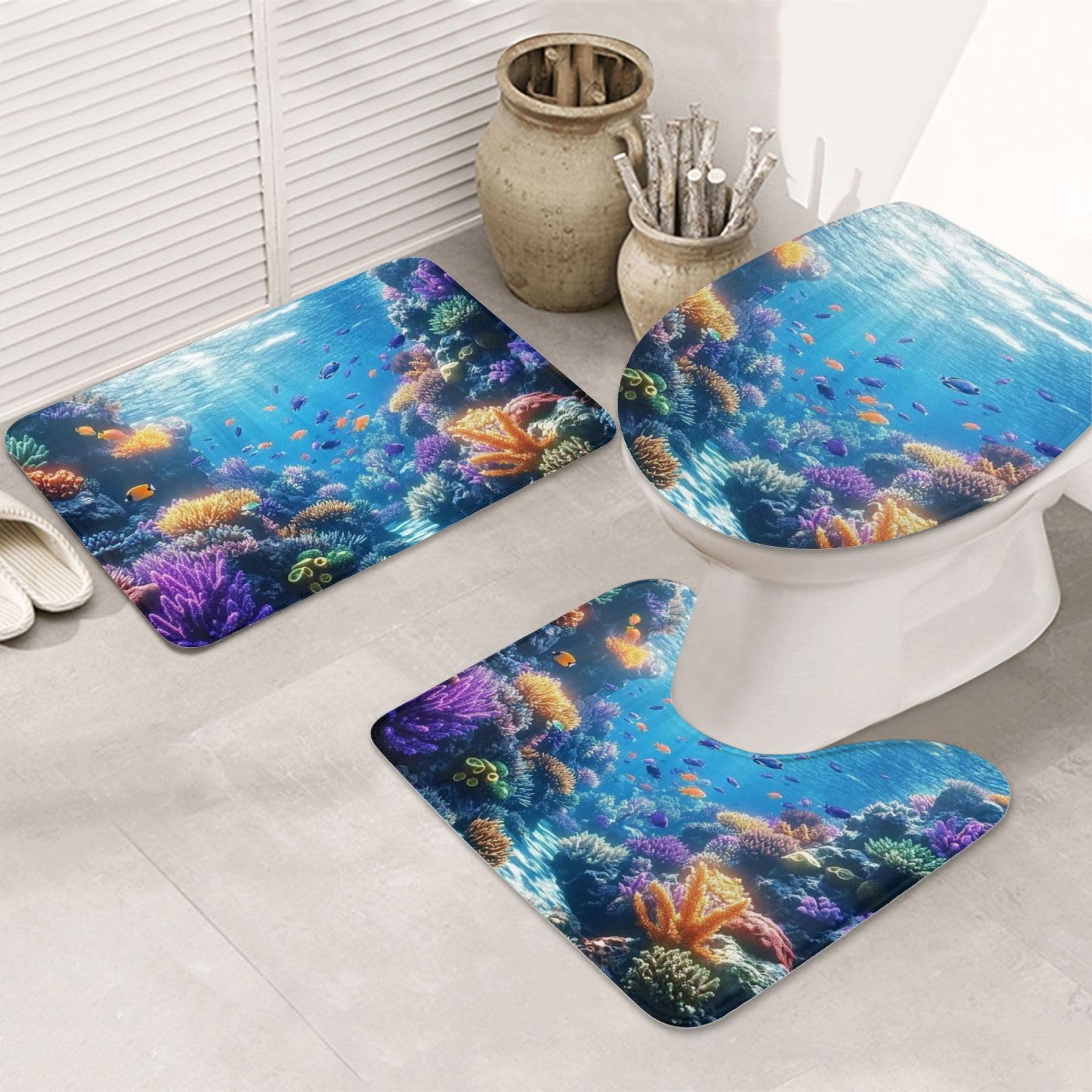 Alfombra de baño de arrecife de coral juego de 3 piezas lavable con tapa de inodoro