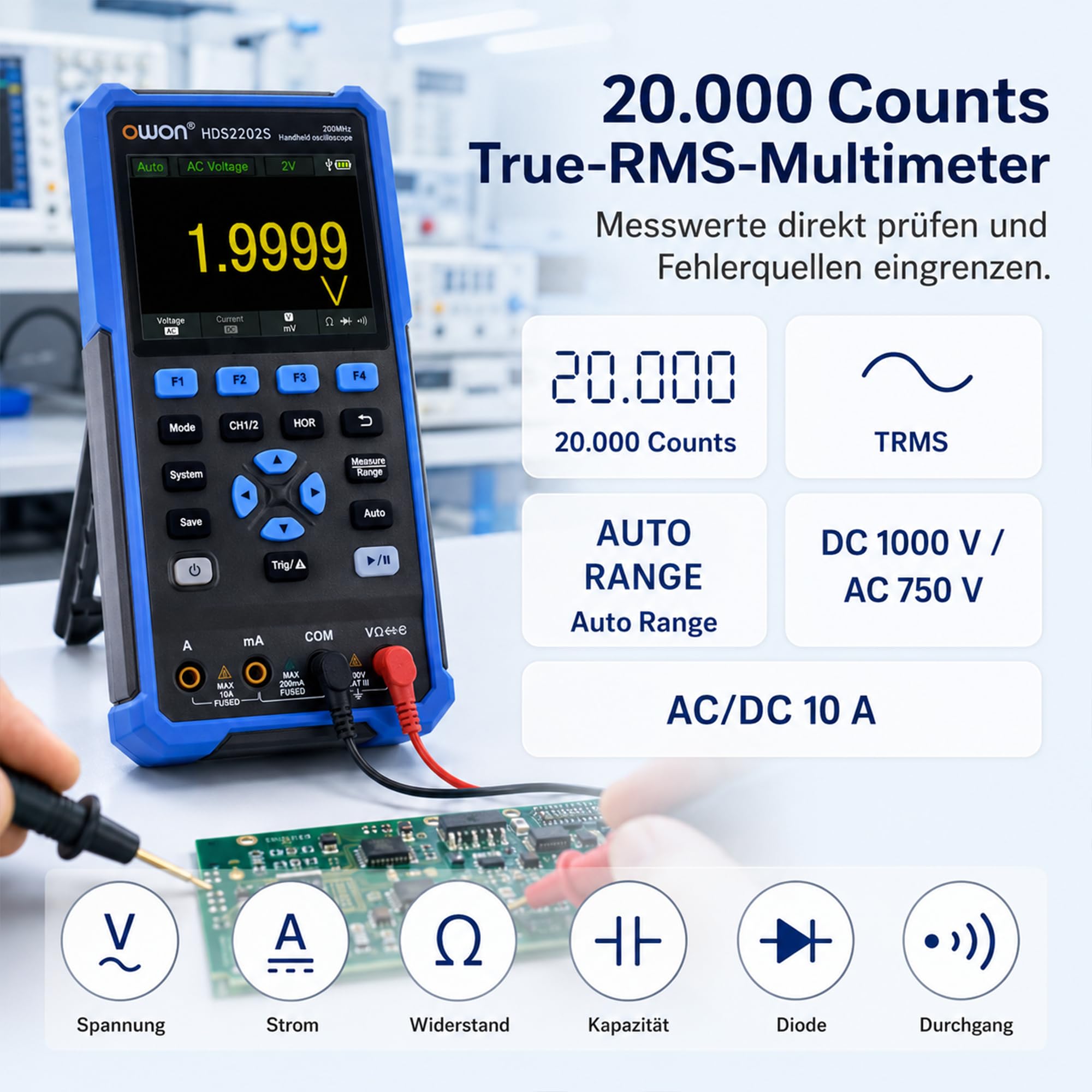HDS2202S OWON Oszilloskop 3 in 1 Handoszilloskop 200MHz Bandbreite 1GS/s Abtastrate + 4 1/2 Stellen Multimeter+ 25MHz Signalgenerator 3,5" LCD mit einstellbarer Helligkeit
