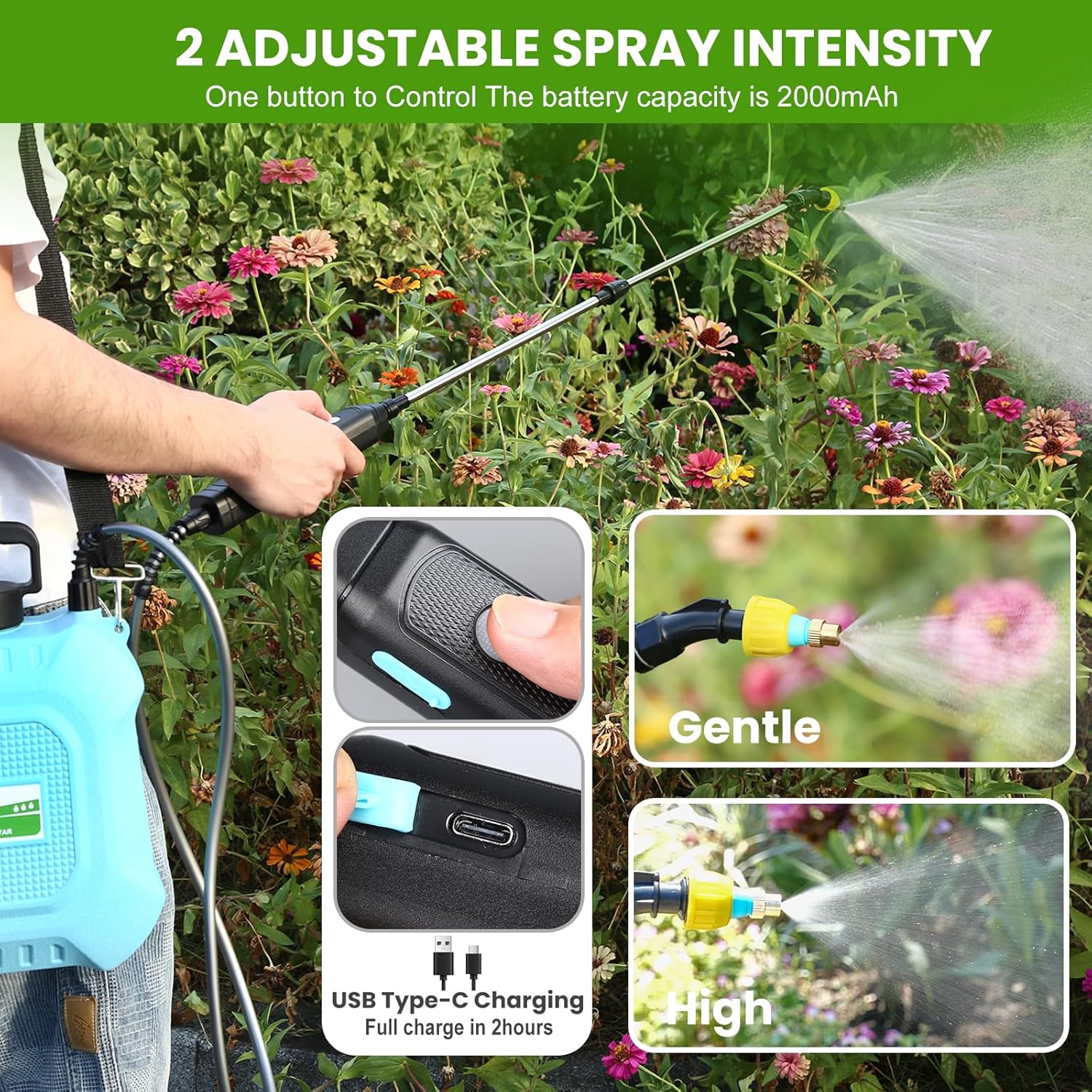 Battery Powered Sprayer 2 Gallon, Electric Sprayer with Retractable Wand & 4 Mist Nozzles & USB Rechargeable Handle, Water Spray Pump Sprayers for Planting Lawn Yard Garden - Image 7