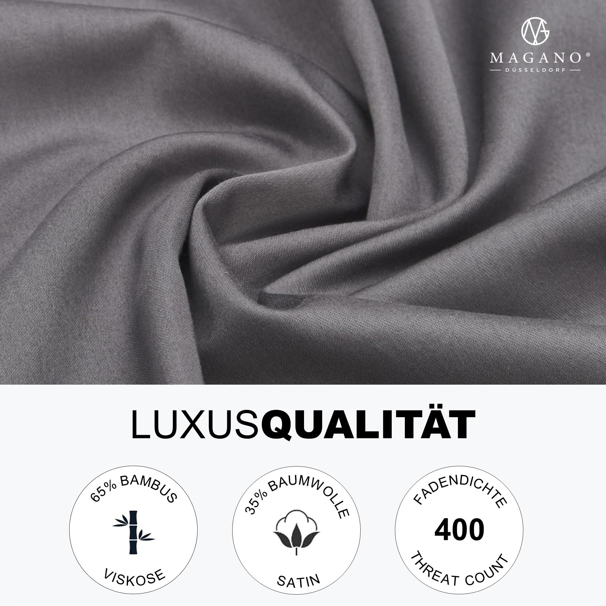 MAGANO® Sábana Bajera Ajustable de Lujo de 160 x 200 cm, Color Gris, bambú y algodón satén, 400 TC, hipoalergénica y termorregulada, 160 x 200 cm, Color Gris Oscuro