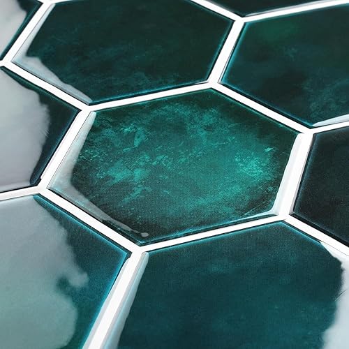 Miniatura 9 de FunStick Azulejos hexagonales de 15 azulejos para salpicaduras de cocina, 12 x 12 pulgadas, azulejos autoadhesivos 3D negro y dorado, azulejos de