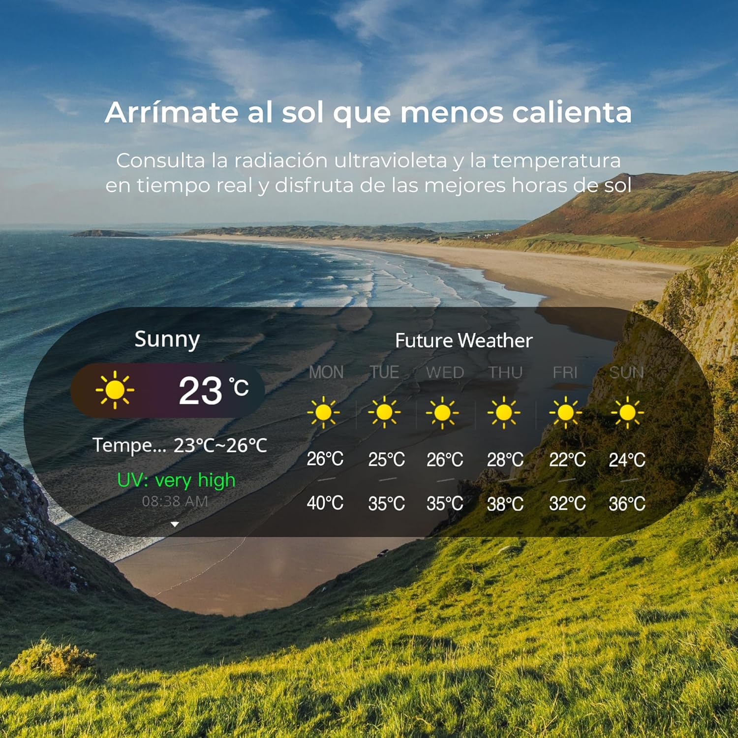 Smartwatch displaying current and future weather forecasts.